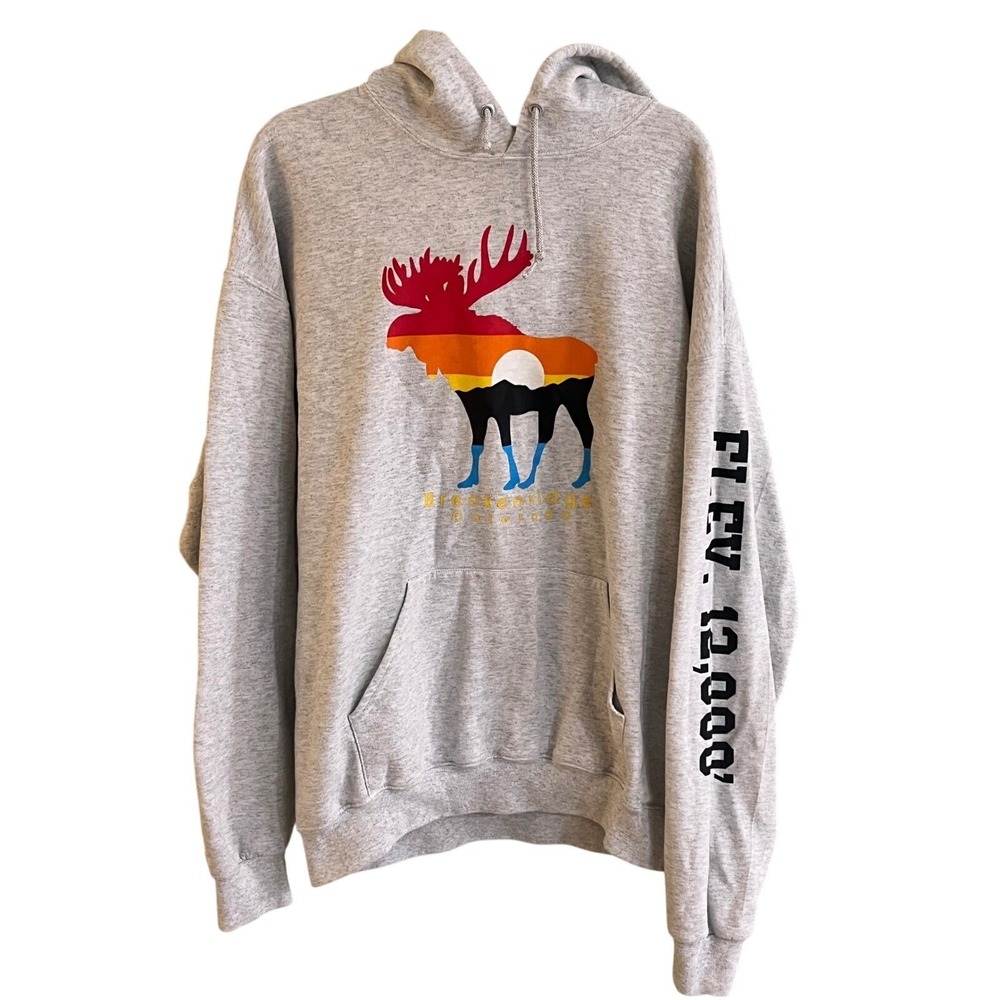 Breckenridge Colorado Sunset‎ Rainbow Moose Block Color Gray Pull Over Hoodie XL